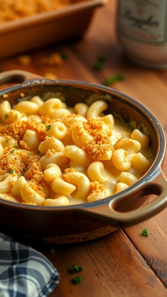 Air Fryer Baked Mac and Cheese Recipe Baked mac and cheese with a crispy breadcrumb topping in a rustic dish on a wooden table.